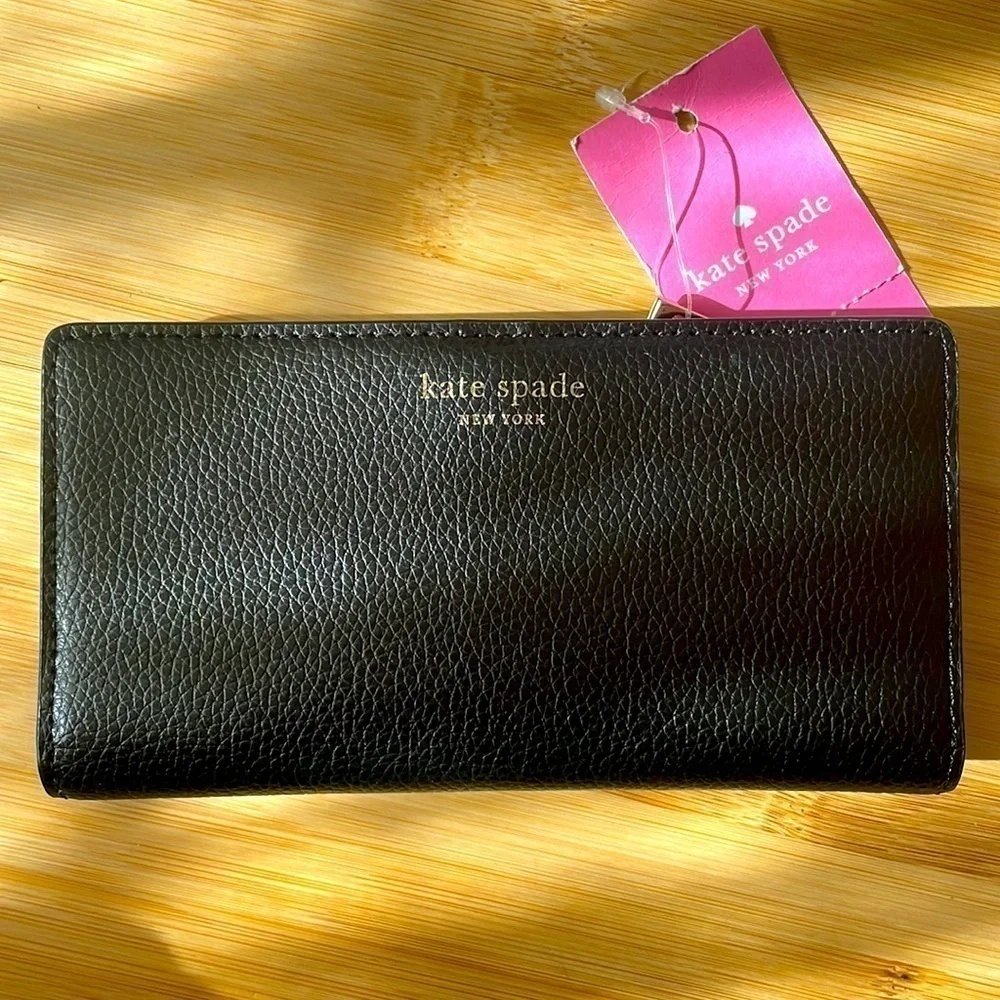 Brand New Kate Spade Genuine Leather Large Slim Bifold Black Wallet